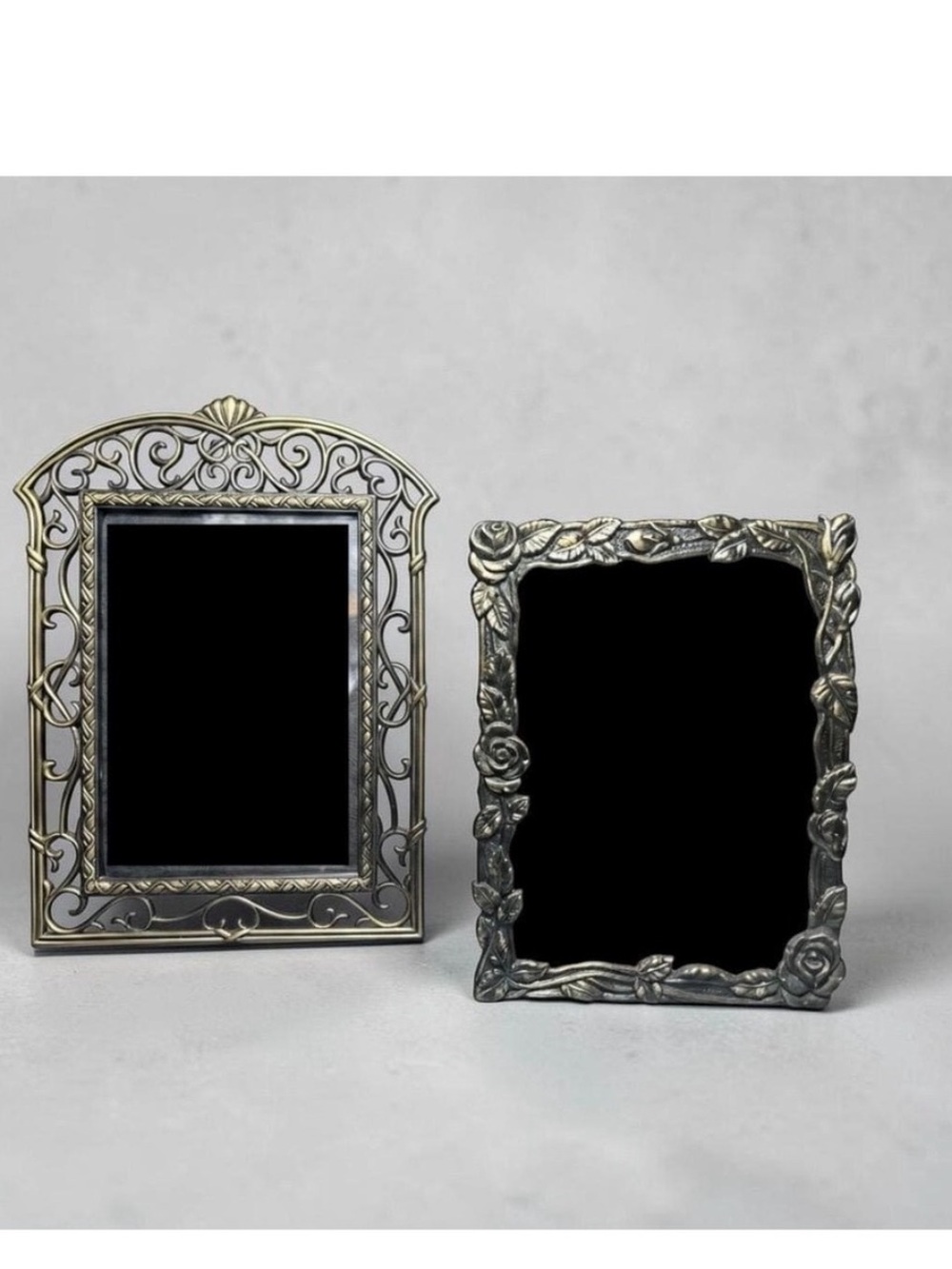 Ornate Antique Bronze Tone Metal Frame Set Art Nouveau Scrollwork Floral Rose